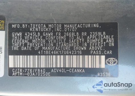 2007 Toyota Camry Le из США, поврежденный, VIN 4T1BE46K17U642316